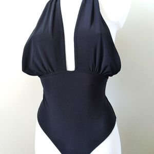 OPEN EDIT PLUNGE NECK HALTER BODYSUIT. THONG BOTTOM. WIDE TIE. NWOT